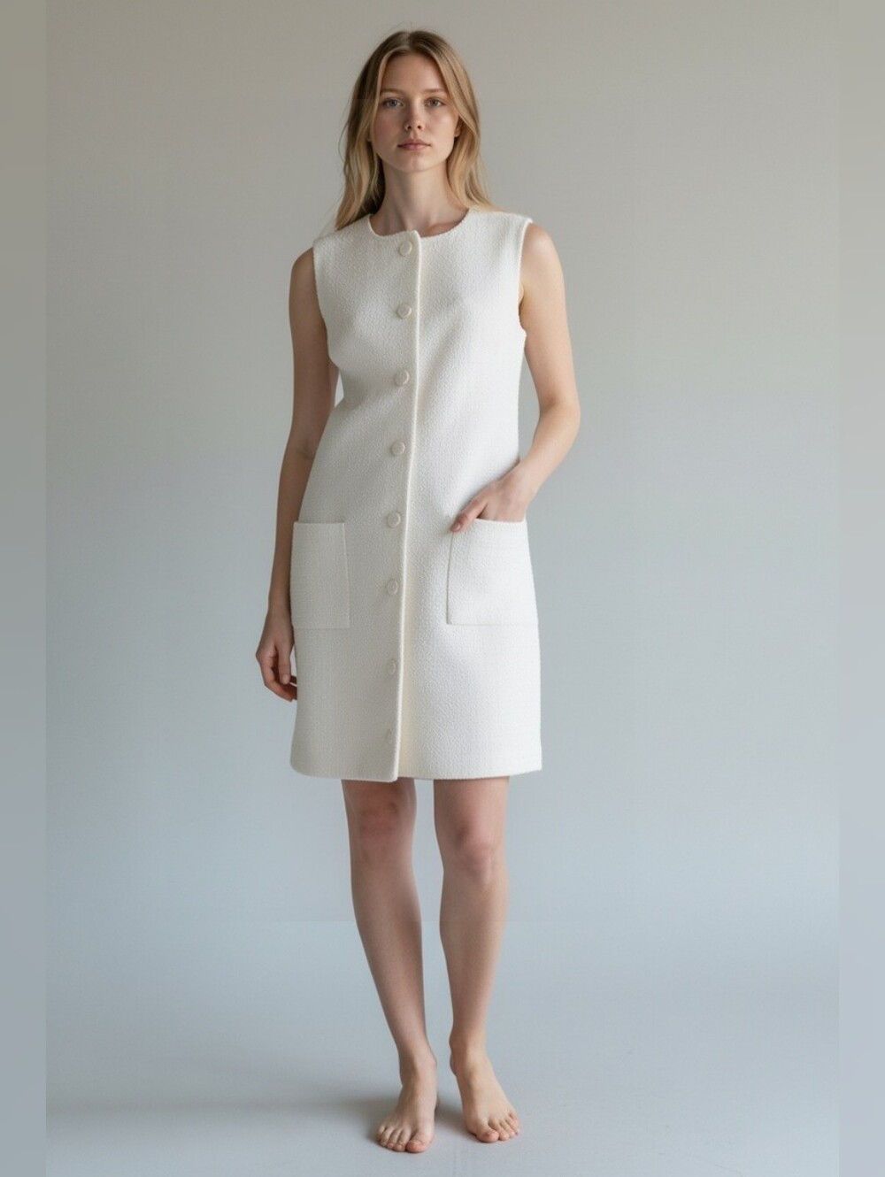 Endless Rose Tweed Buttoned Ivory Mini Dress Size S